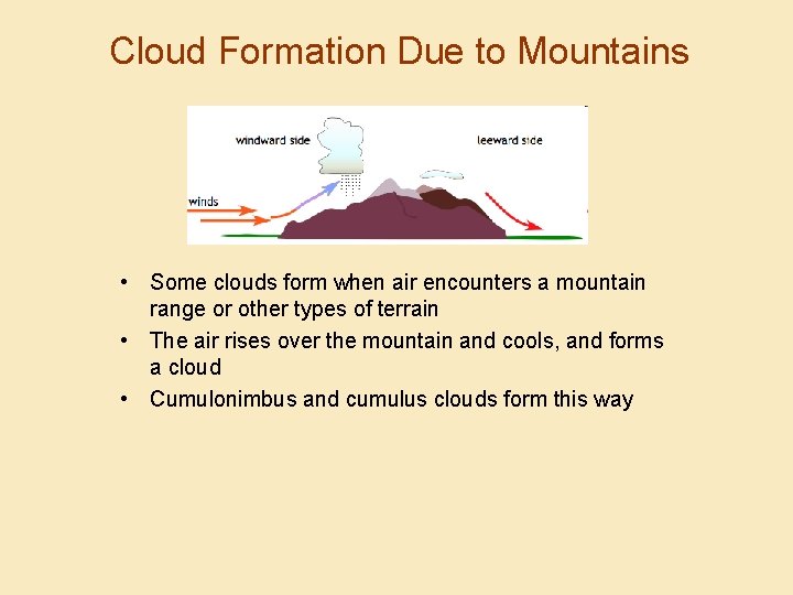 Cloud Formation Due to Mountains • Some clouds form when air encounters a mountain