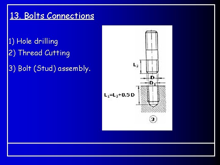13. Bolts Connections 1) Hole drilling 2) Thread Cutting 3) Bolt (Stud) assembly. 13. Bolts Connections 1) Hole drilling 2) Thread Cutting 3) Bolt (Stud) assembly.