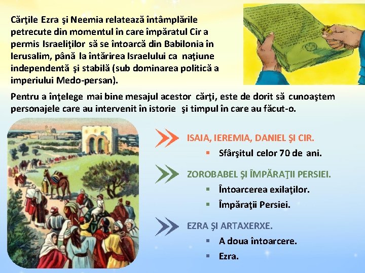 Cărţile Ezra şi Neemia relatează întâmplările petrecute din momentul în care împăratul Cir a