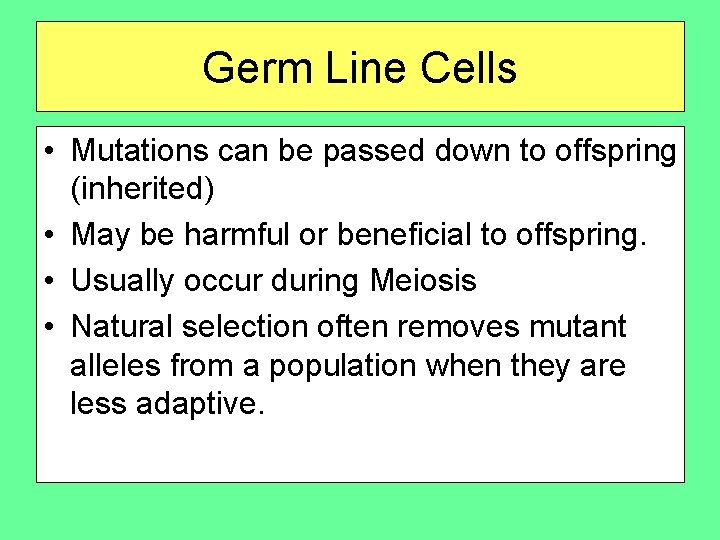 Germ Line Cells • Mutations can be passed down to offspring (inherited) • May