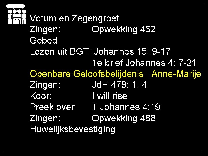 . . Votum en Zegengroet Zingen: Opwekking 462 Gebed Lezen uit BGT: Johannes 15: