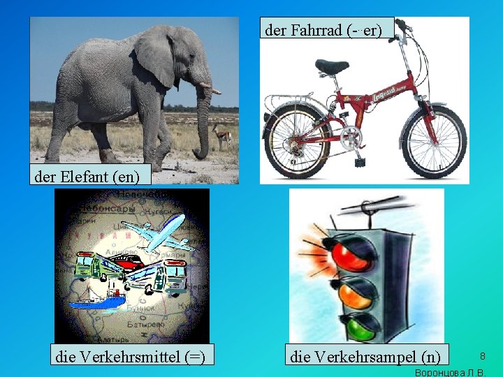 der Fahrrad (-. . er) der Elefant (en) die Verkehrsmittel (=) die Verkehrsampel (n)