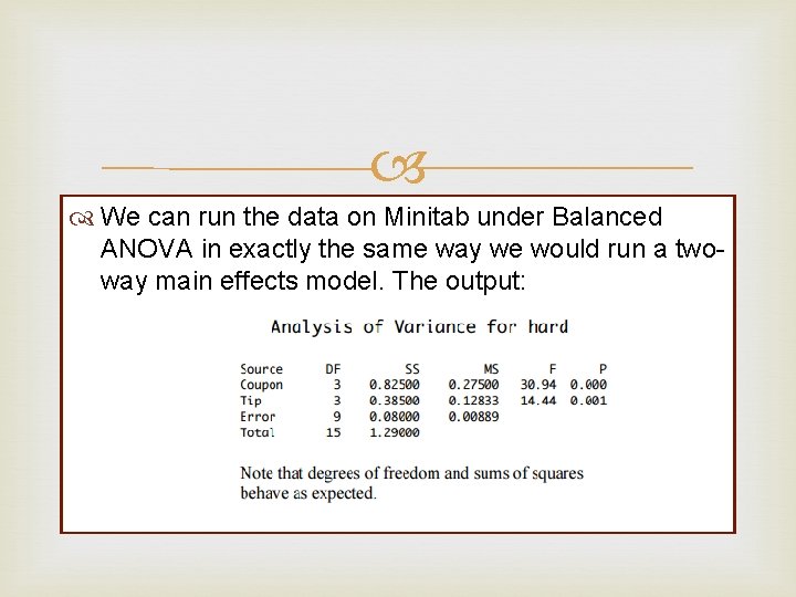 We can run the data on Minitab under Balanced ANOVA in exactly the We can run the data on Minitab under Balanced ANOVA in exactly the