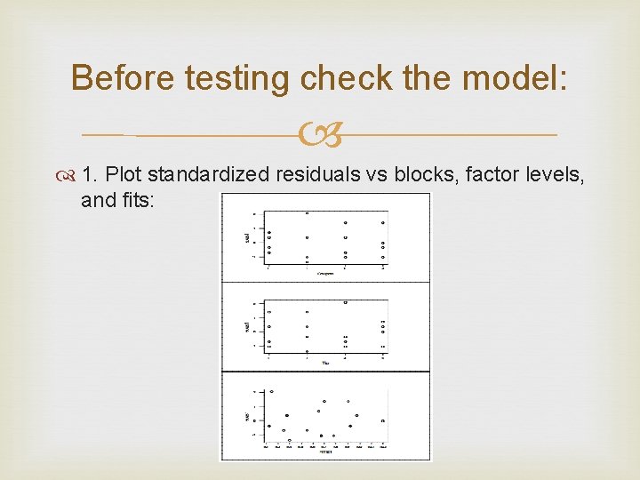 Before testing check the model: 1. Plot standardized residuals vs blocks, factor levels, and Before testing check the model: 1. Plot standardized residuals vs blocks, factor levels, and