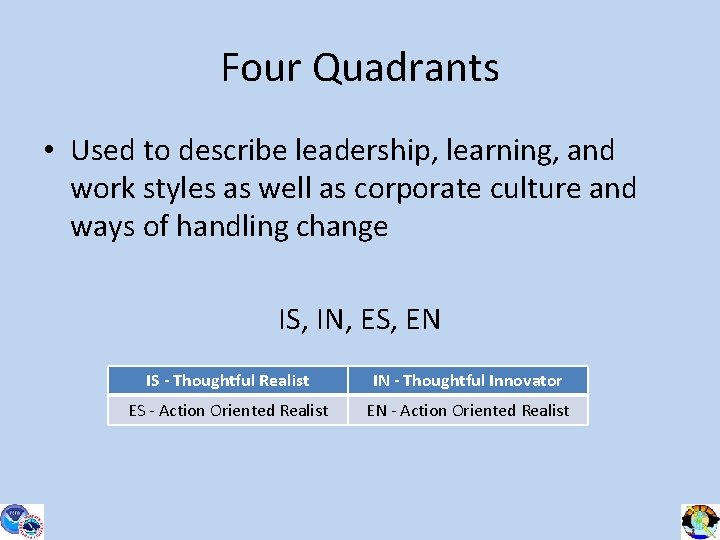 Four Quadrants • Used to describe leadership, learning, and work styles as well as