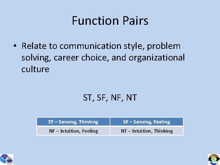 Function Pairs • Relate to communication style, problem solving, career choice, and organizational culture
