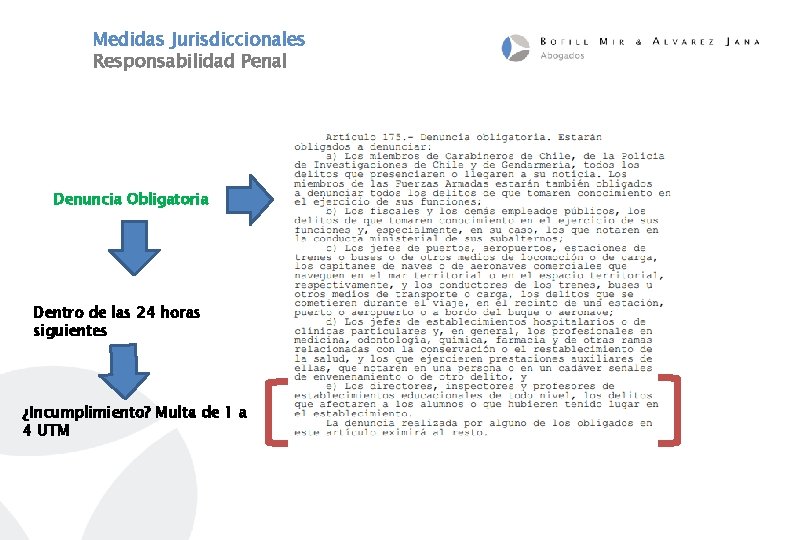 Medidas Jurisdiccionales Responsabilidad Penal Denuncia Obligatoria Dentro de las 24 horas siguientes ¿Incumplimiento? Multa