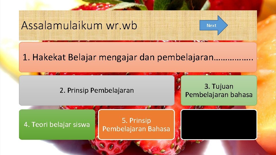 Assalamulaikum wr. wb Next 1. Hakekat Belajar mengajar dan pembelajaran……………. . 2. Prinsip Pembelajaran