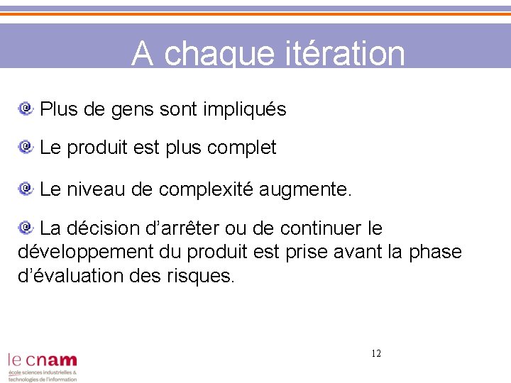 A chaque itération Plus de gens sont impliqués Le produit est plus complet Le