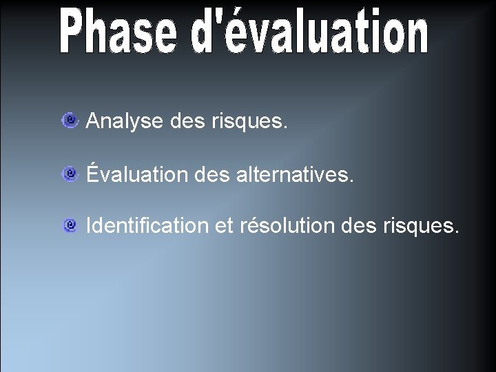 Analyse des risques. Évaluation des alternatives. Identification et résolution des risques. 6 