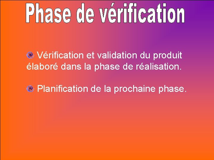 Vérification et validation du produit élaboré dans la phase de réalisation. Planification de la