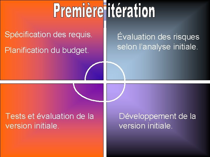 Spécification des requis. Planification du budget. Évaluation des risques selon l’analyse initiale. Tests et