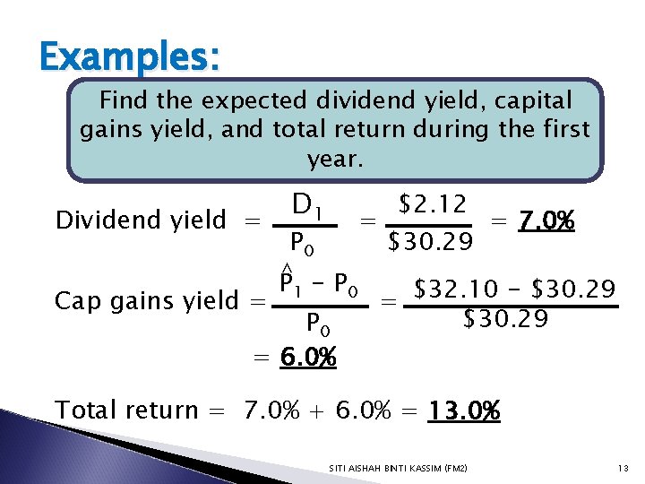 Examples: Find the expected dividend yield, capital gains yield, and total return during the