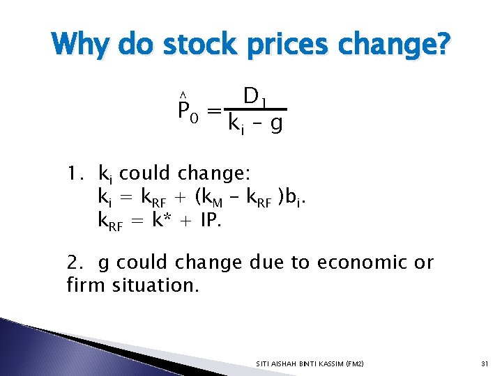 Why do stock prices change? D 1 P 0 = ki – g ^