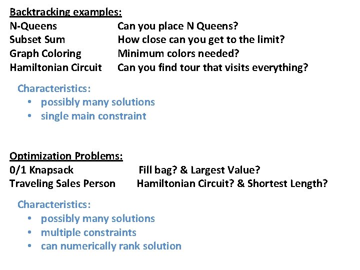 Backtracking examples: N-Queens Can you place N Queens? Subset Sum How close can you