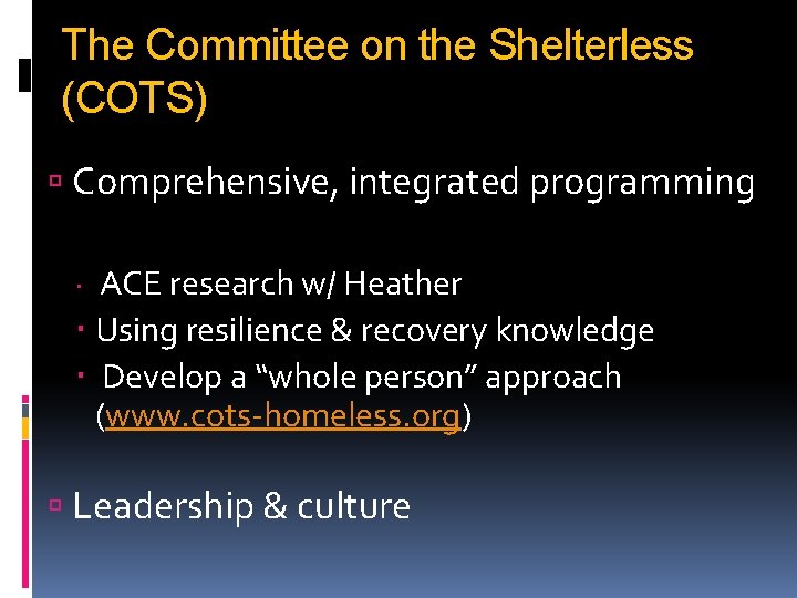 The Committee on the Shelterless (COTS) Comprehensive, integrated programming ACE research w/ Heather Using