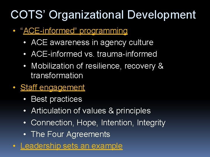 COTS’ Organizational Development • “ACE-informed” programming • ACE awareness in agency culture • ACE-informed