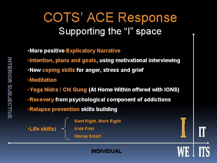 COTS’ ACE Response Supporting the “I” space • More positive Explicatory Narrative INTERIOR SUBJECTIVE