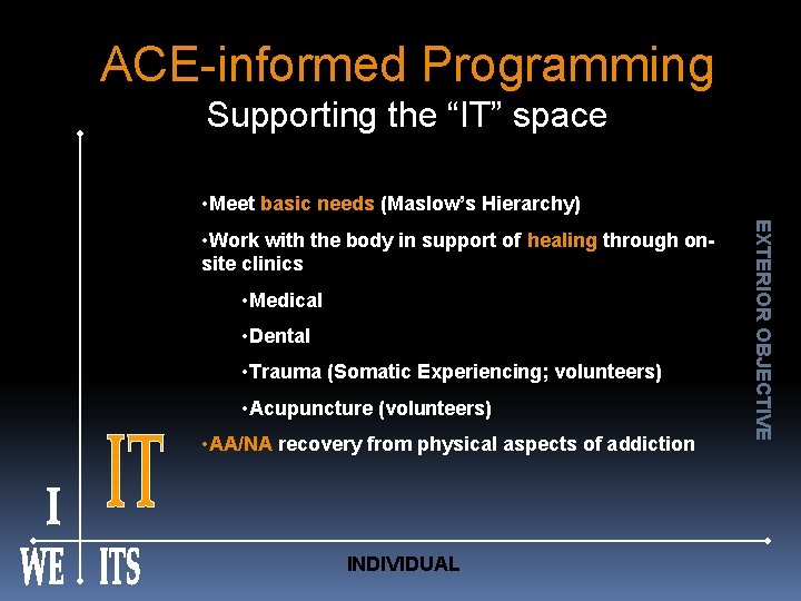 ACE-informed Programming Supporting the “IT” space • Meet basic needs (Maslow’s Hierarchy) • Medical
