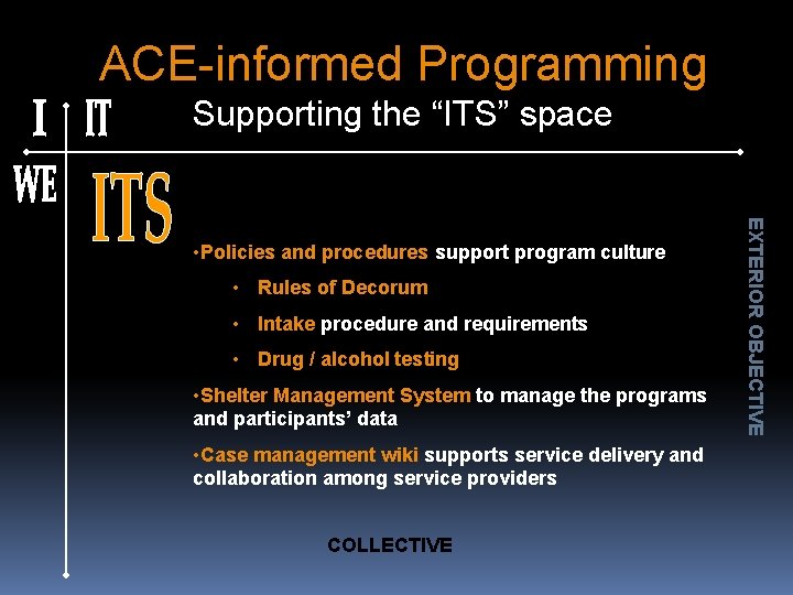 ACE-informed Programming Supporting the “ITS” space • Rules of Decorum • Intake procedure and
