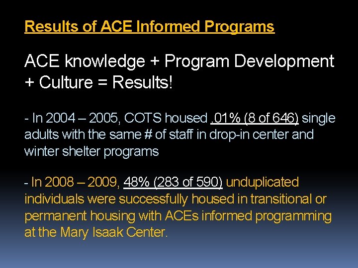 Results of ACE Informed Programs ACE knowledge + Program Development + Culture = Results!