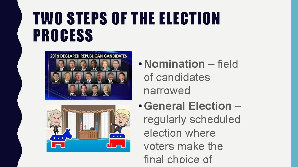 TWO STEPS OF THE ELECTION PROCESS • Nomination – field of candidates narrowed •