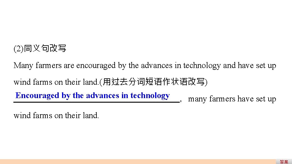 (2)同义句改写 Many farmers are encouraged by the advances in technology and have set up (2)同义句改写 Many farmers are encouraged by the advances in technology and have set up