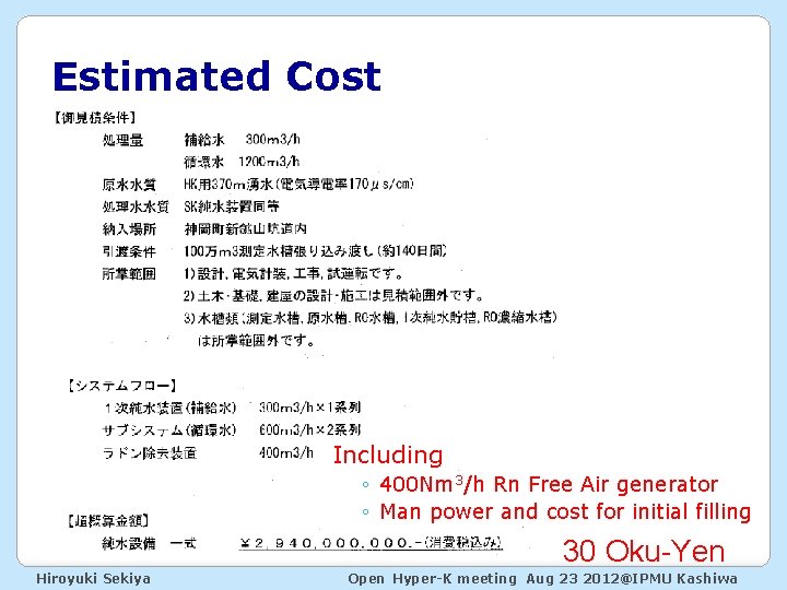 Estimated Cost Including ◦ 400 Nm 3/h Rn Free Air generator ◦ Man power