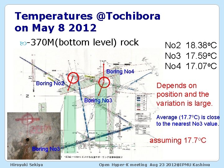 Temperatures @Tochibora on May 8 2012 -370 M(bottom level) rock Boring No 4 Boring