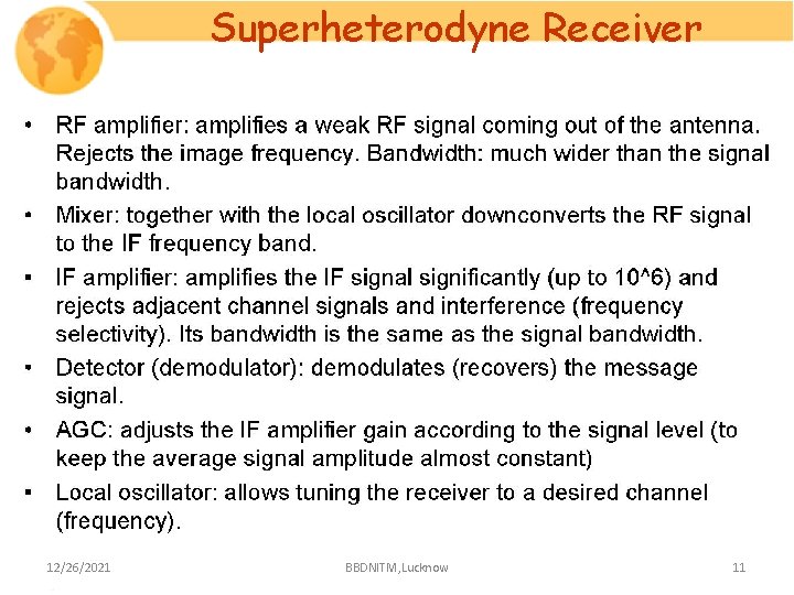 Superheterodyne Receiver 12/26/2021 BBDNITM, Lucknow 11 