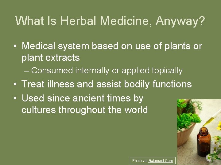 What Is Herbal Medicine, Anyway? • Medical system based on use of plants or