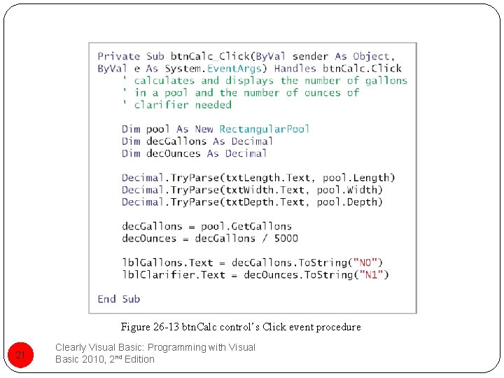 Figure 26 -13 btn. Calc control’s Click event procedure 21 Clearly Visual Basic: Programming