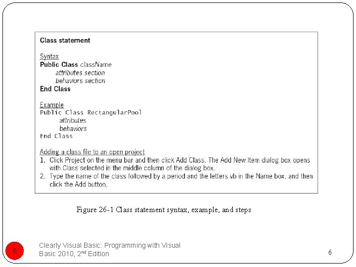 Figure 26 -1 Class statement syntax, example, and steps 6 Clearly Visual Basic: Programming