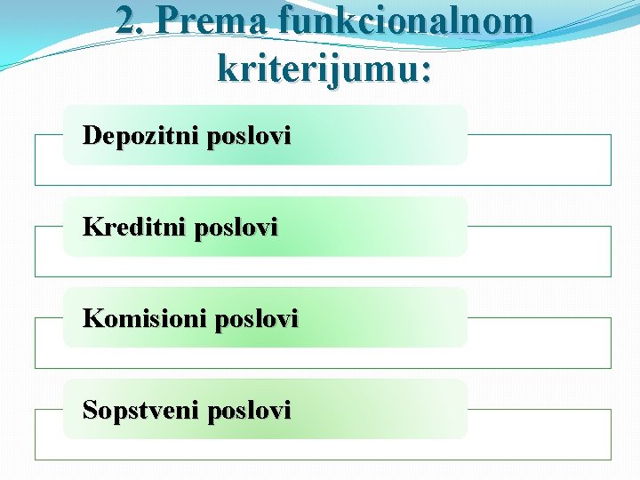 2. Prema funkcionalnom kriterijumu: Depozitni poslovi Kreditni poslovi Komisioni poslovi Sopstveni poslovi 