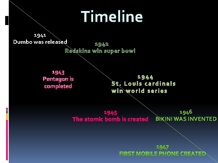 Timeline 1941 Dumbo was released 1942 Redskins win super bowl 1943 Pentagon is completed