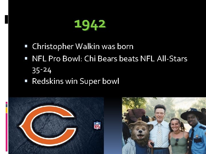 1942 Christopher Walkin was born NFL Pro Bowl: Chi Bears beats NFL All-Stars 35