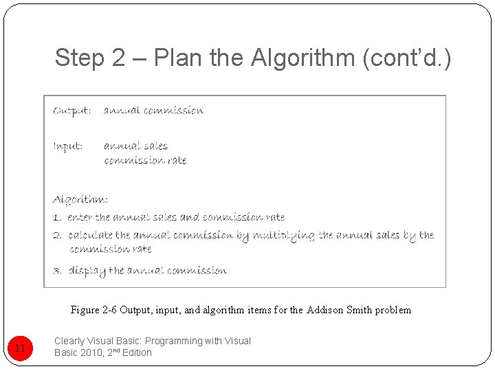 Step 2 – Plan the Algorithm (cont’d. ) Figure 2 -6 Output, input, and