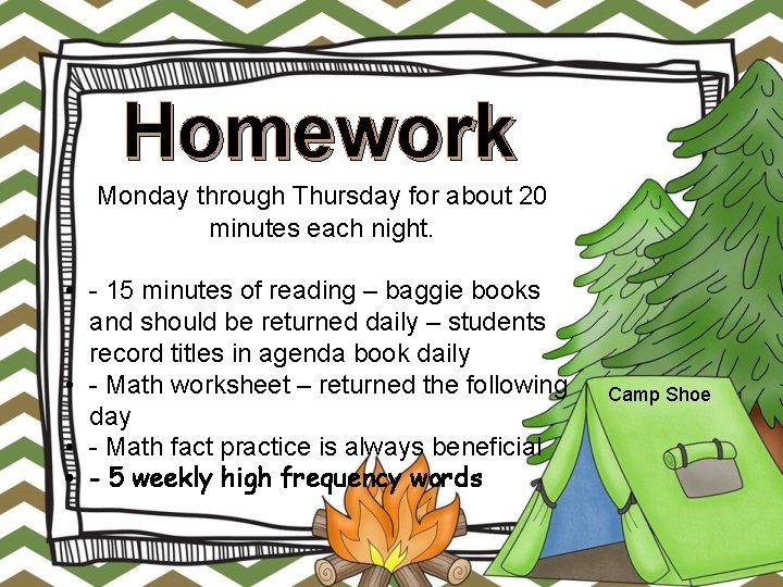 Homework Monday through Thursday for about 20 minutes each night. • - 15 minutes