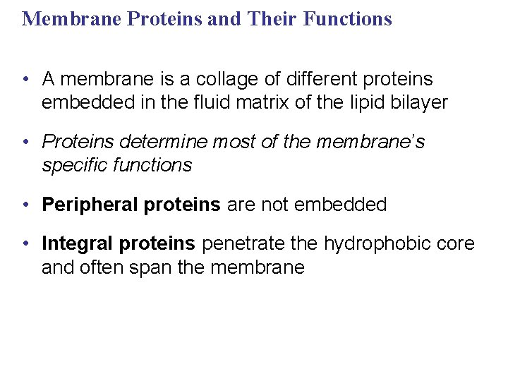 Membrane Proteins and Their Functions • A membrane is a collage of different proteins