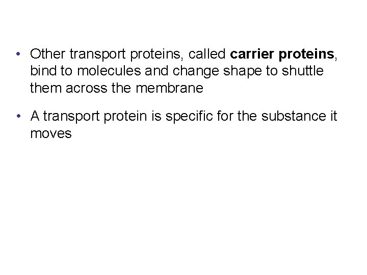  • Other transport proteins, called carrier proteins, bind to molecules and change shape