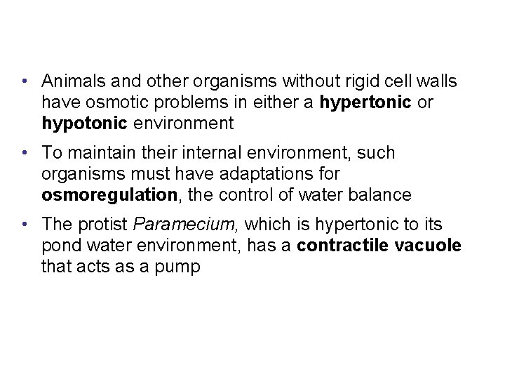  • Animals and other organisms without rigid cell walls have osmotic problems in