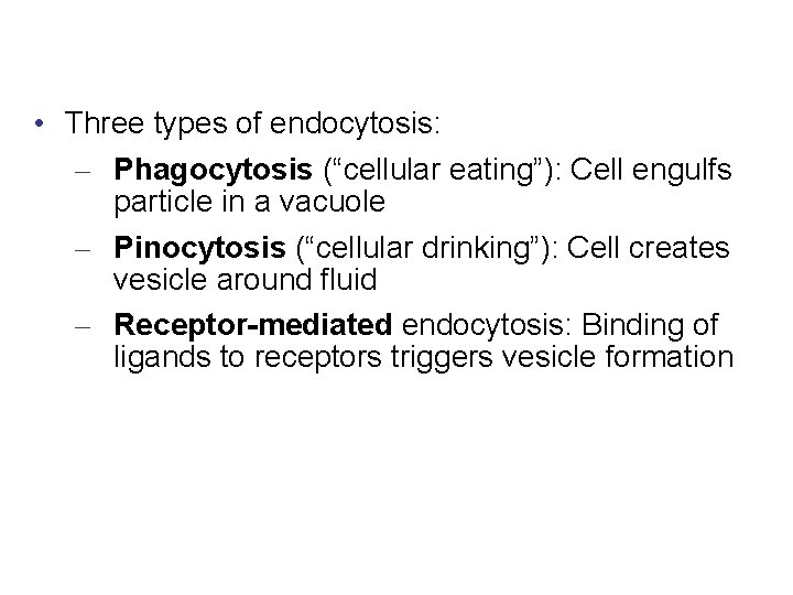  • Three types of endocytosis: – Phagocytosis (“cellular eating”): Cell engulfs particle in