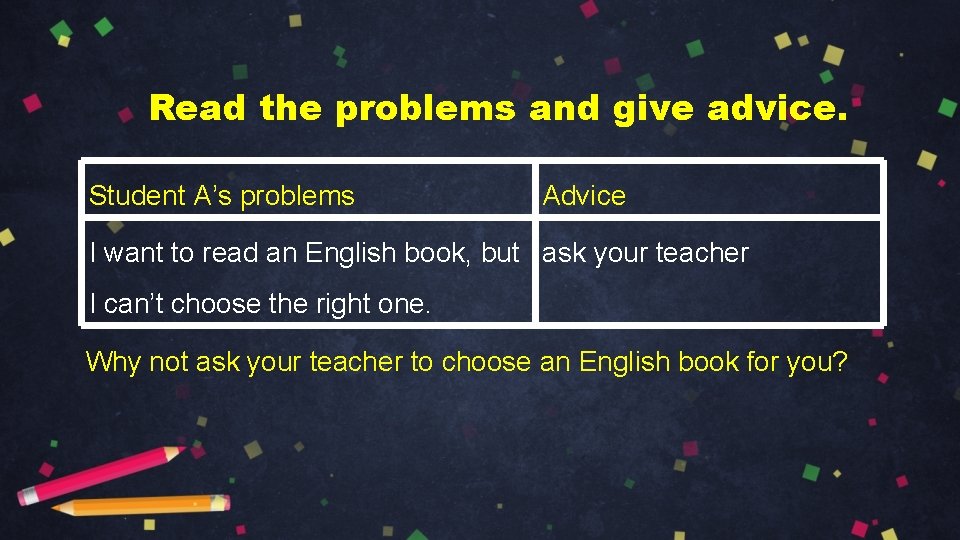Read the problems and give advice. Student A’s problems Advice I want to read