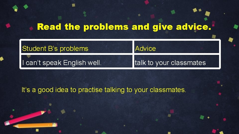 Read the problems and give advice. Student B’s problems Advice I can’t speak English