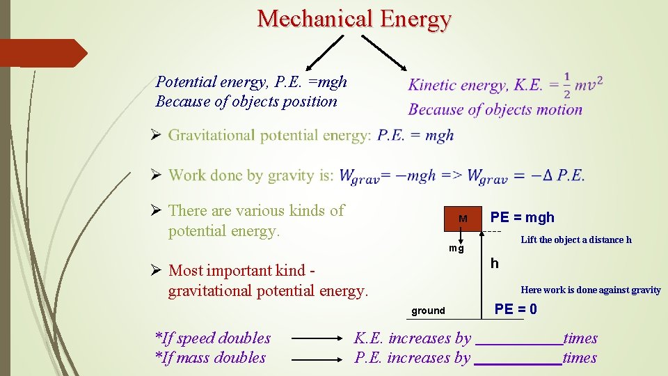 Mechanical Energy Potential energy, P. E. =mgh Because of objects position Ø There are