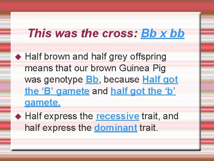 This was the cross: Bb x bb Half brown and half grey offspring means