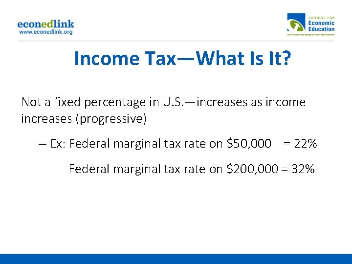 Income Tax—What Is It? Not a fixed percentage in U. S. —increases as income