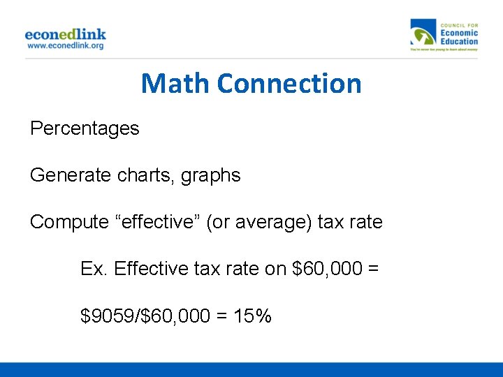 Math Connection Percentages Generate charts, graphs Compute “effective” (or average) tax rate Ex. Effective