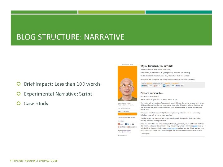 BLOG STRUCTURE: NARRATIVE Brief Impact: Less than 100 words Experimental Narrative: Script Case Study