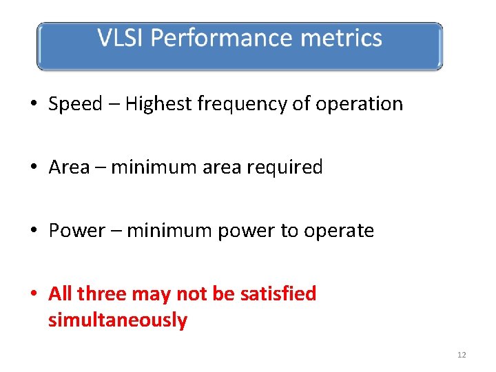  • Speed – Highest frequency of operation • Area – minimum area required